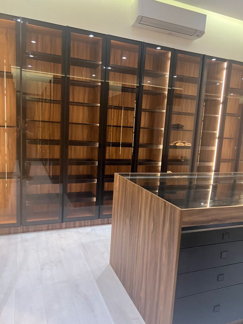 Walk-in closet with glass wardrobes