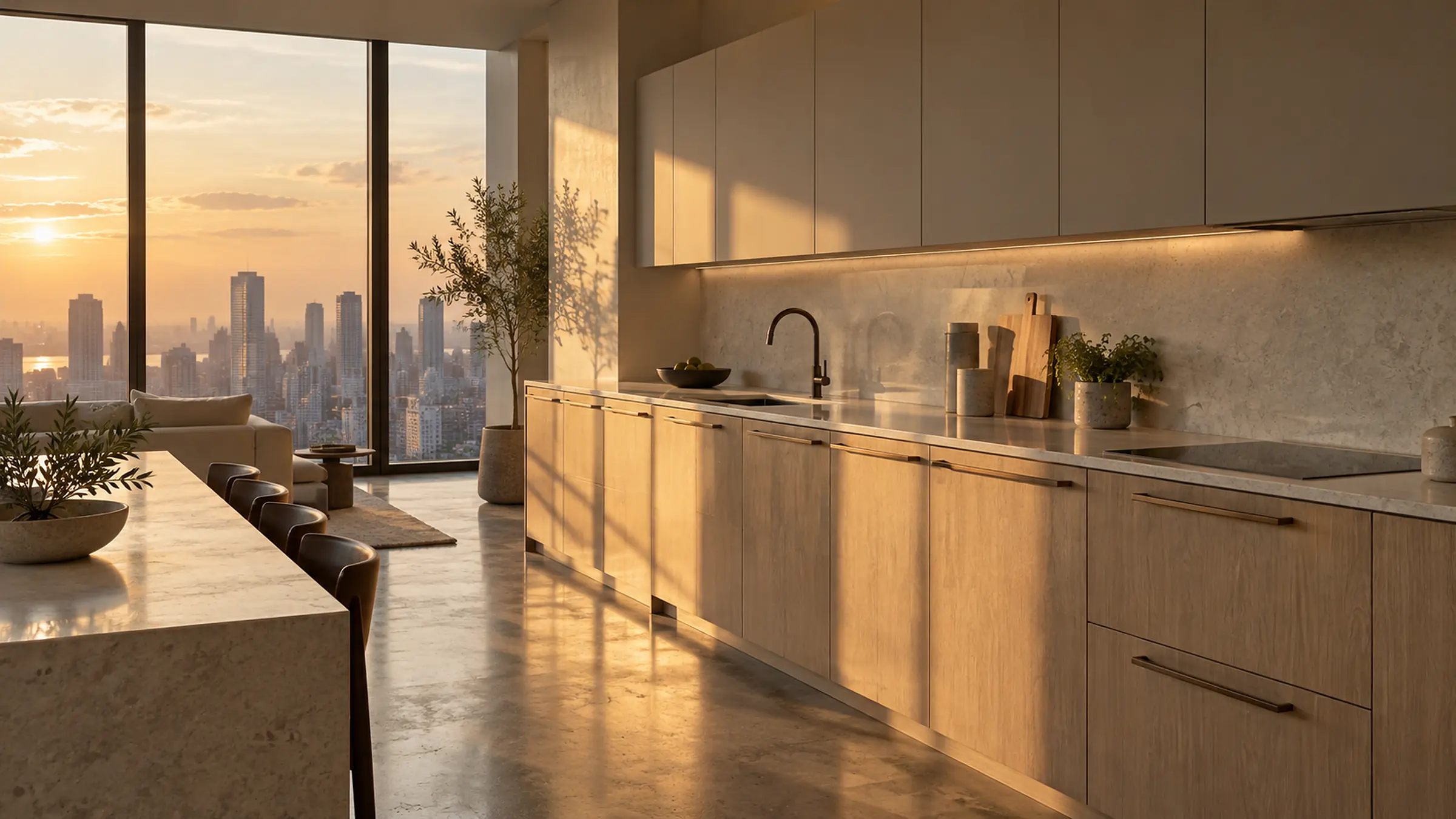 Concept render: a long oak and greige kitchen run with a pale stone counter in a high-rise condominium at golden hour