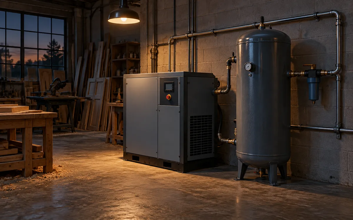 Concept render: an industrial air compressor beside a tall air receiver tank in a dim workshop at dusk