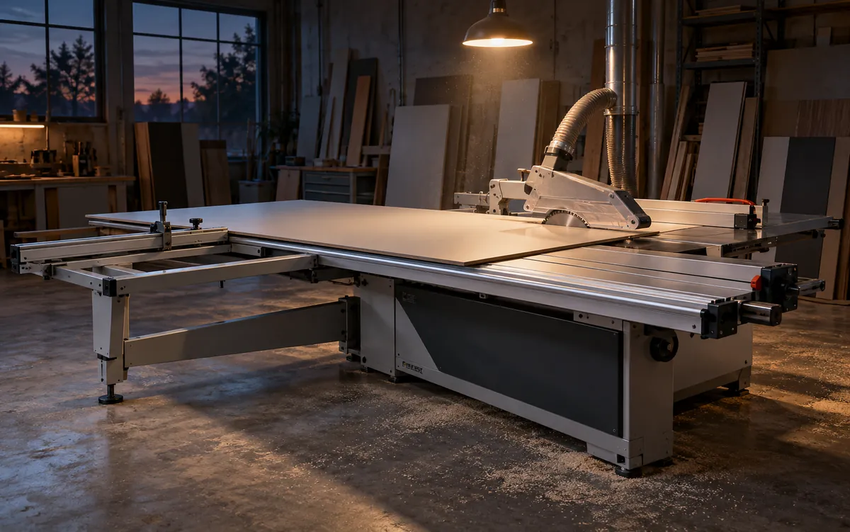 Concept render: a sliding table panel saw with a greige laminate sheet on its carriage in a dim workshop at dusk