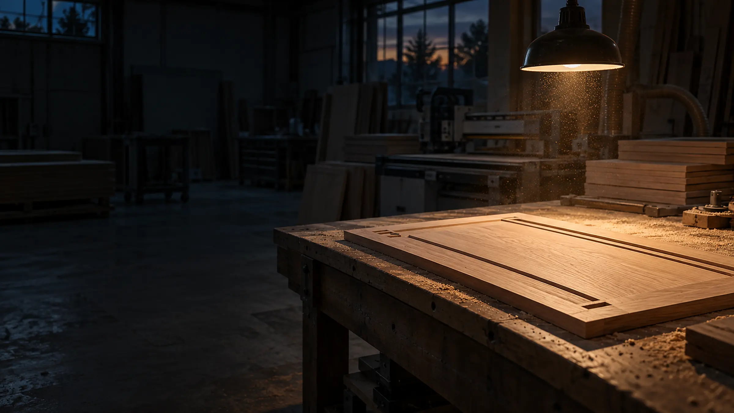 Concept render: a dim cabinetry workshop at dusk, an oak panel with routed grooves on a work table under one warm lamp
