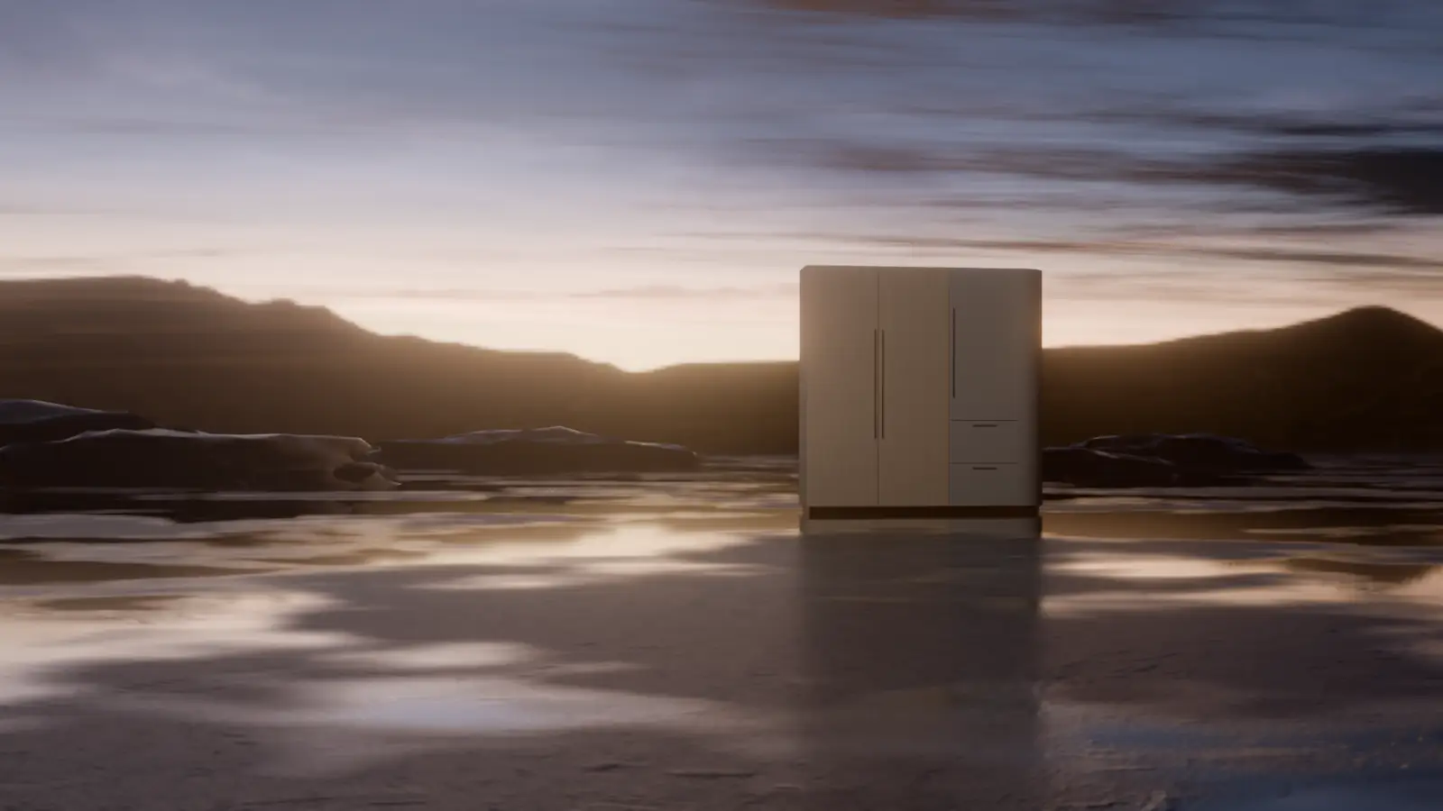3D render: an oak and greige cabinet module standing alone on a misty wet plain at dusk