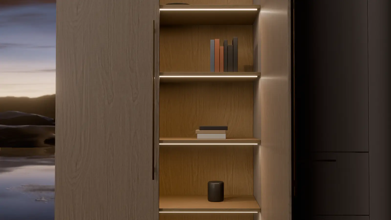 3D render: the module's oak door open, its lit oak shelves glowing at dusk