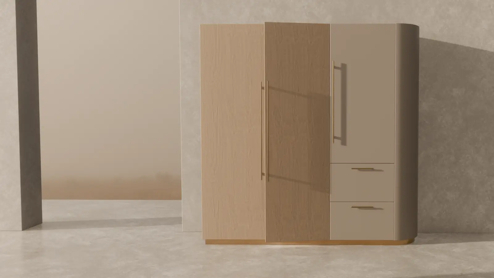 3D render: the same module in a pale concrete pavilion in morning light