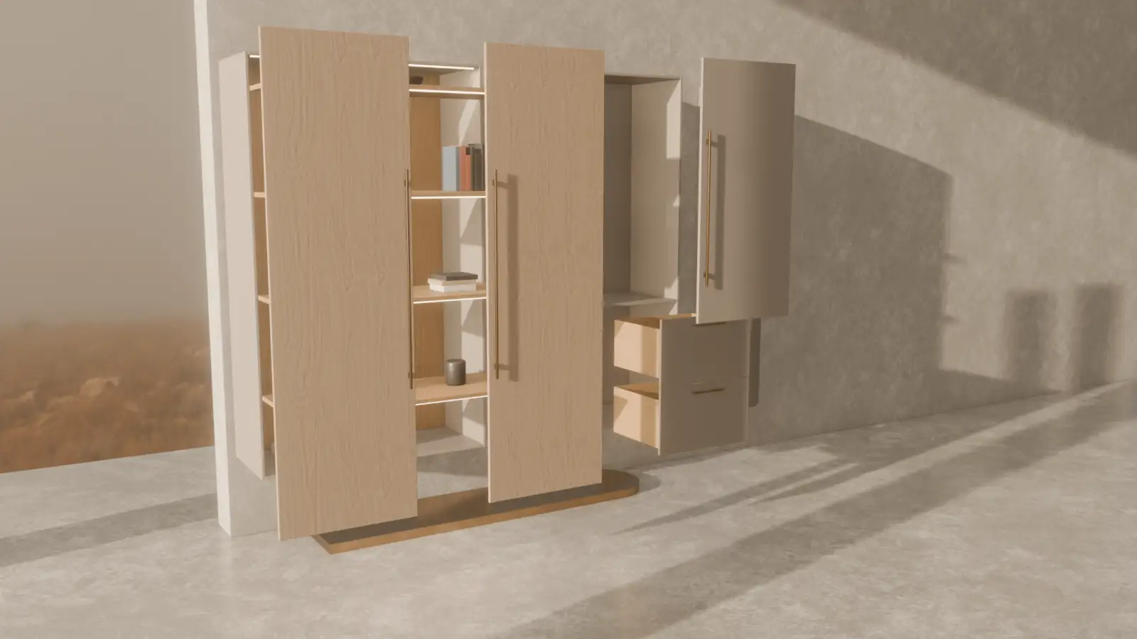 3D render: the module taken apart in mid-air, its carcasses, doors, drawers and shelves floating apart