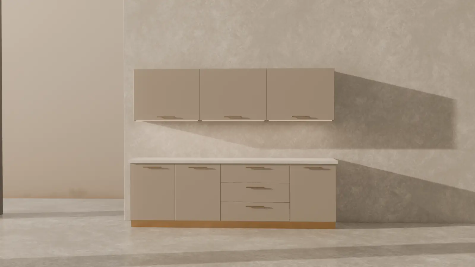 3D render: the same system configured as a greige kitchen run with a stone counter
