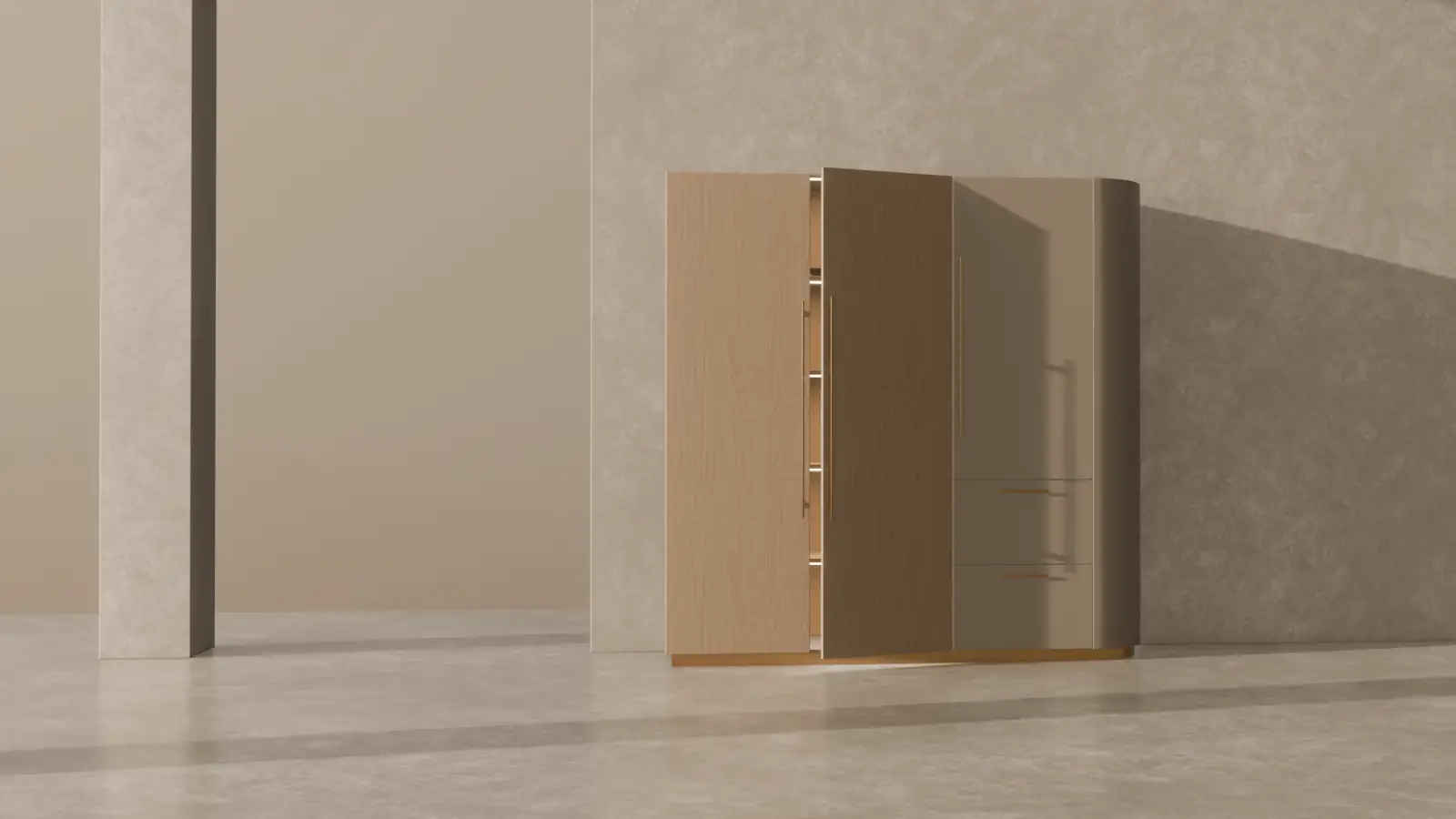 3D render: the module back in the pavilion with one door ajar and its interior glowing