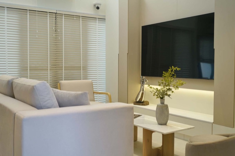 Living room with a white media wall and a low console